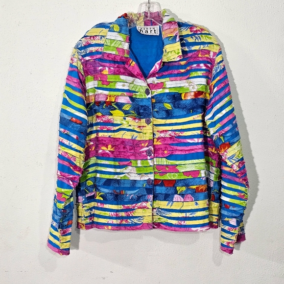 Colorful Striped Women's Jacket Sz L Keren Hart Cotton - Picture 1 of 9